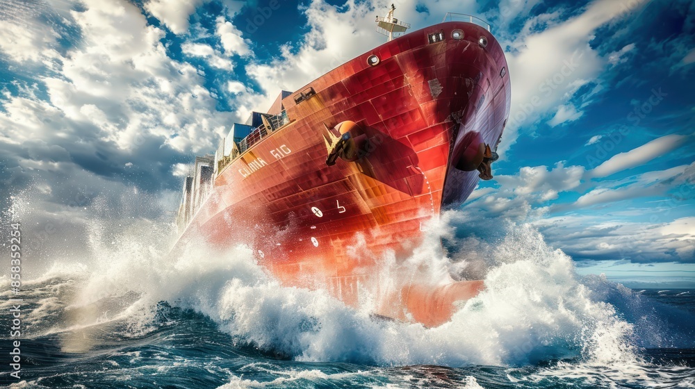 Poster a container ship captured in motion with waves crashing against its hull, conveying a sense of power