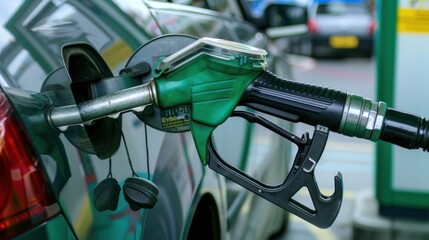 A close-up shot of a petrol pump dispensing fuel into a vehicle's tank, with the nozzle inserted and the digital display visible, against a plain backdrop providing room for copy or graphics 