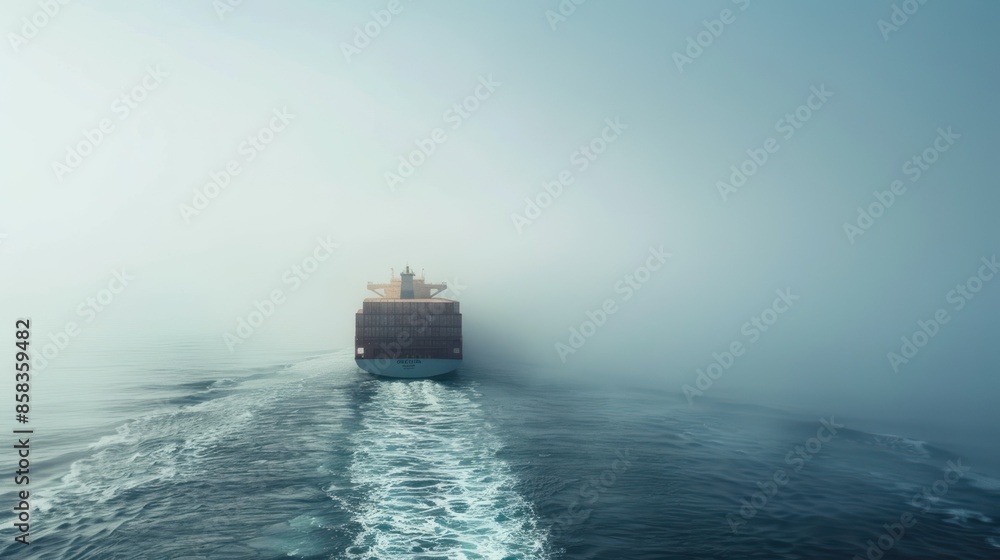 Poster a container ship navigating through foggy conditions on the open ocean, with mist swirling around th