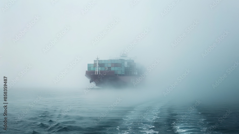 Poster a container ship navigating through foggy conditions on the open ocean, with mist swirling around th