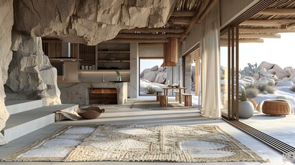 Modern luxury lounge area in a desert villa with stylish interior featuring natural materials and panoramic views 