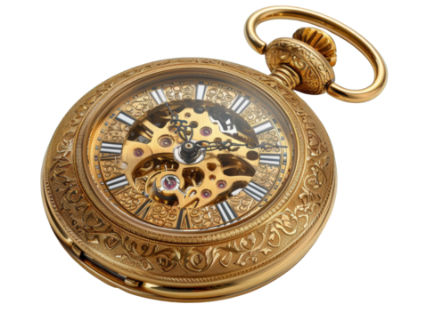 A vintage, gold pocket watch with intricate engravings and a skeletonized movement