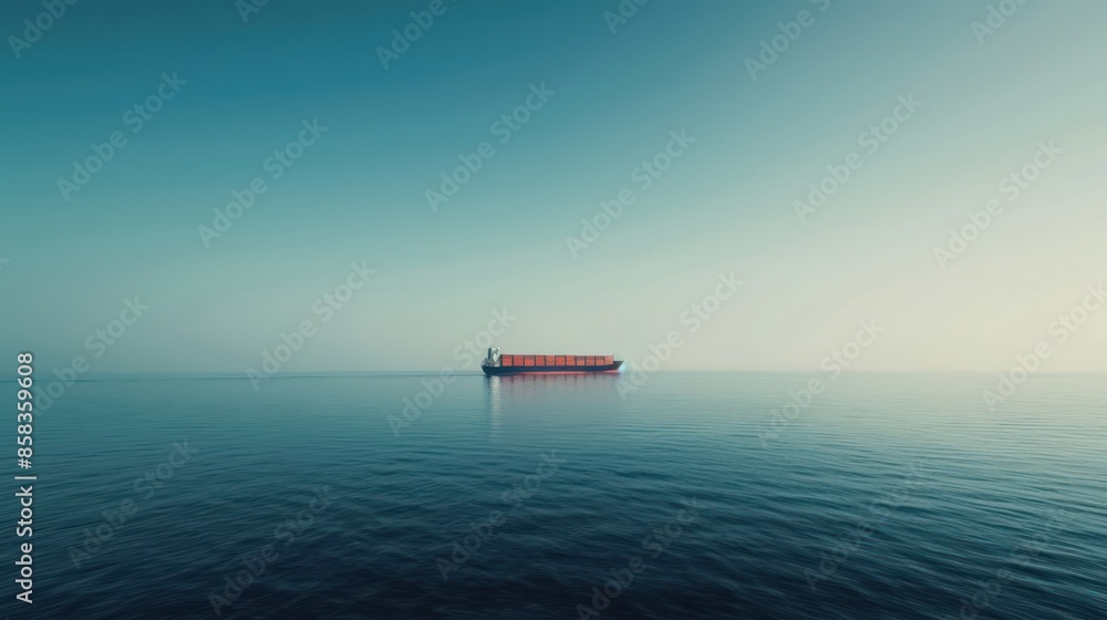 Poster a container ship passing by a distant coastline on the horizon, with a tranquil ocean and sky provid