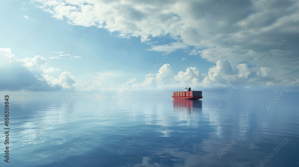 Poster a container ship at anchor in the middle of the ocean, surrounded by endless water and sky, with spa