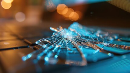 Close up of cracked laptop screen resting on a table