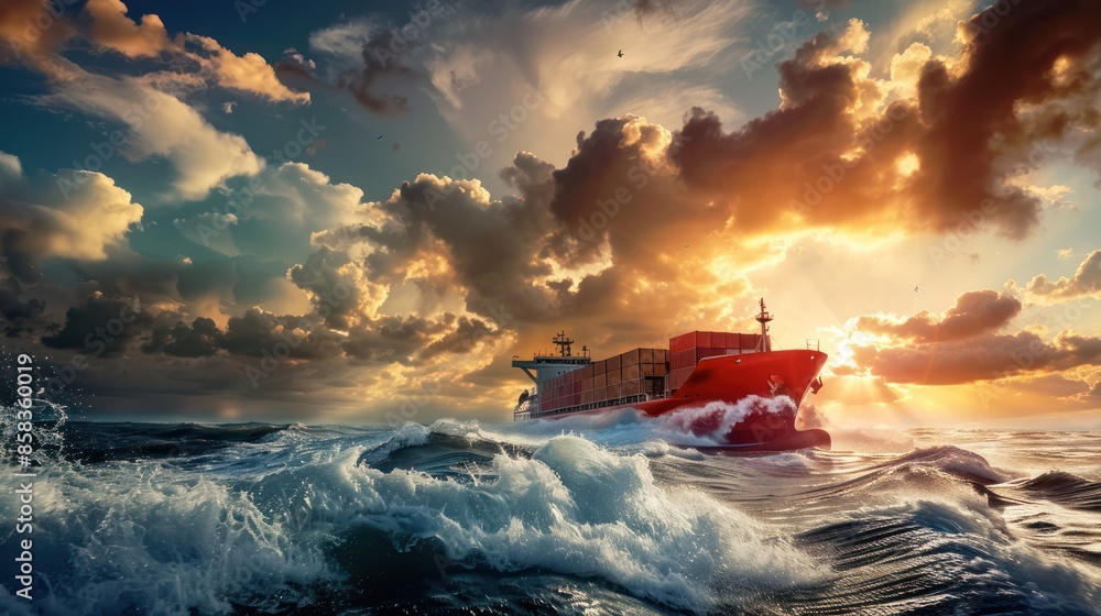 Poster a container ship plowing through waves under a dramatic sky filled with clouds, conveying a sense of