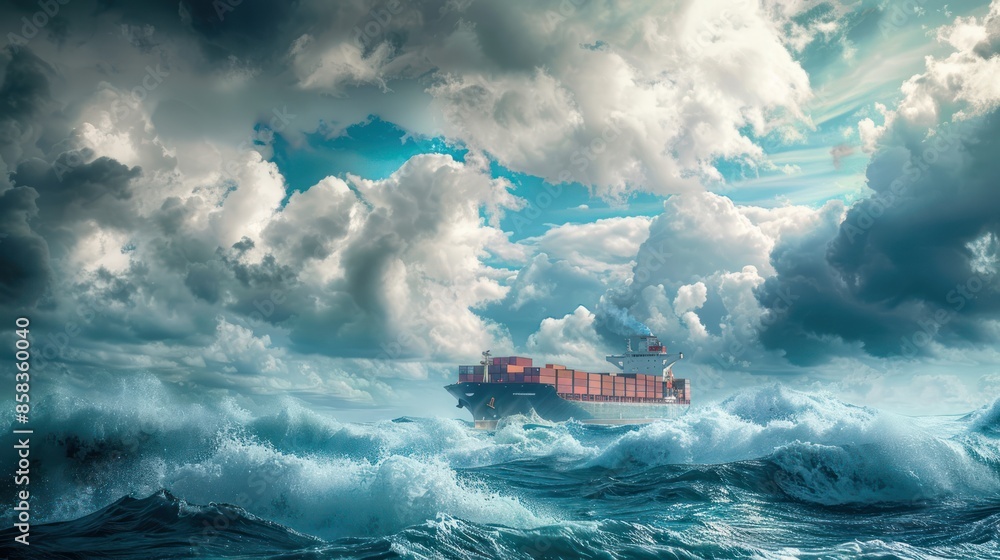 Poster a container ship plowing through waves under a dramatic sky filled with clouds, conveying a sense of