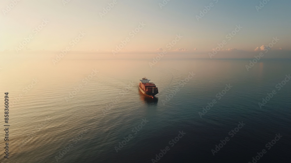 Poster an aerial view of a container ship cruising through calm waters, with the horizon stretching out in 