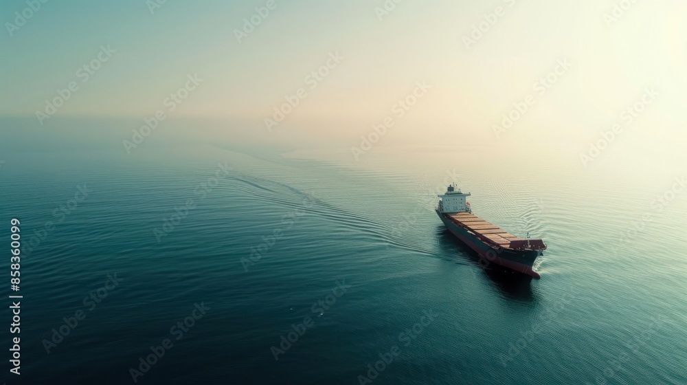 Poster an aerial view of a container ship cruising through calm waters, with the horizon stretching out in 