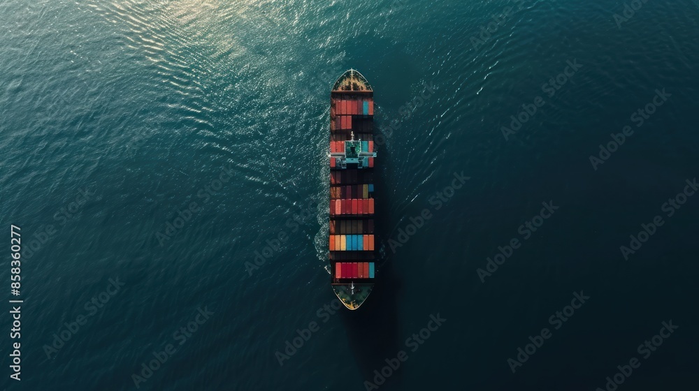 Poster an overhead drone shot of a container ship surrounded by containers on a vast open sea, against a mi