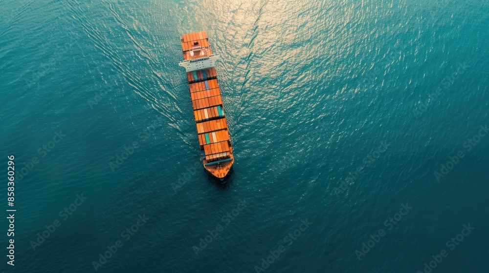 Poster an overhead drone shot of a container ship surrounded by containers on a vast open sea, against a mi
