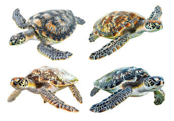 Four sea turtles with intricate shell patterns and vibrant colors, swimming gracefully. Isolated on transparent background.