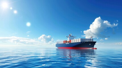 A majestic container ship sailing across the vast expanse of the ocean, with a clear blue sky above and ample space in the sky for text or branding 