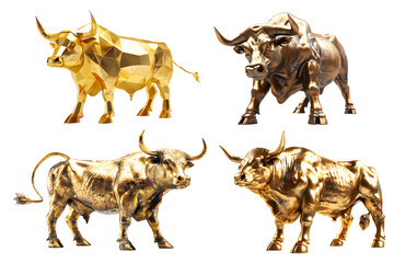 Four golden bull sculptures in varying styles, showcasing intricate details and majestic poses. Isolated on transparent background.
