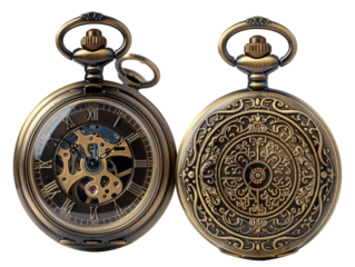 A vintage pocket watch with intricate engravings and a visible clockwork mechanism. The watch is a classic symbol of time and tradition.