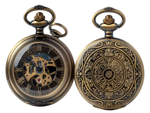 A vintage pocket watch with intricate engravings and a visible clockwork mechanism. The watch is a classic symbol of time and tradition.