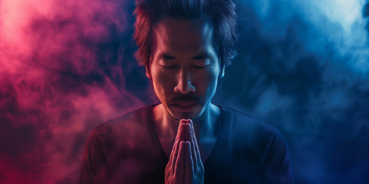 Senior Asian man in prayer. Unique prayer concept with a fantasy vibrant ethereal colorful approach. Conceptual image of prayer and thankfulness. With copy space. Glowing light of god.