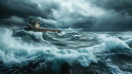 A container ship at sea during a storm, with dramatic waves crashing against its hull and dark clouds overhead, capturing the power and resilience of maritime transport