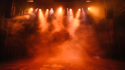 Fototapeta premium Stage Lights and Smoke - Orange Haze and Stage Floor
