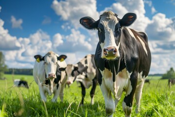 Cute cows stand on a green meadow against the blue sky and look at the camera