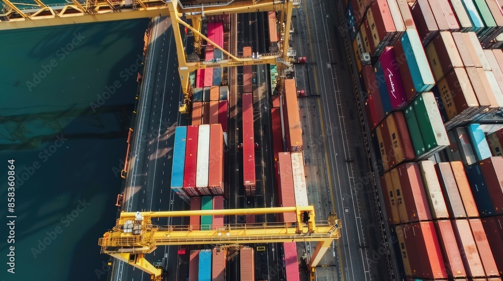 Poster a time-lapse photo of containers being loaded onto a container ship, showing the dynamic movement an