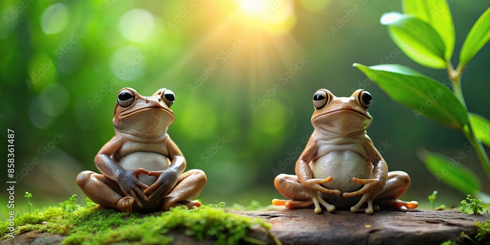 Wall mural meditating toads in serene yoga poses surrounded by nature, meditation, toad, relaxation, peace, har - Wall murals