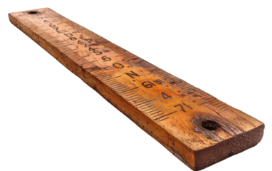 A weathered wooden ruler with markings.