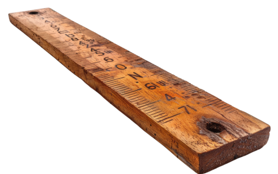 A weathered wooden ruler with markings.