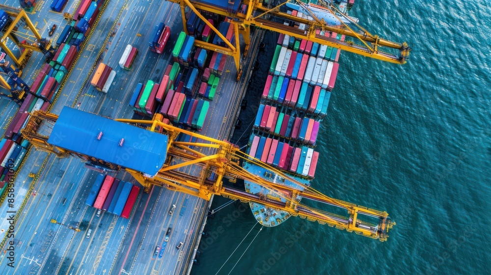 Poster An aerial view of a container ship docked at a bustling port, with cranes loading or unloading colorful containers onto the ship, showcasing the efficiency of maritime logistics 