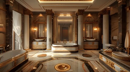 Luxurious bathroom interior with classical design elements and opulent decor.