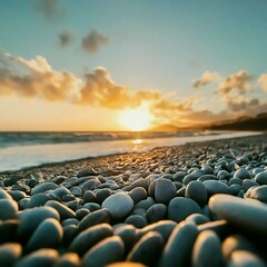 Obraz premium Sea beach with black stones in sunset sky landscape view