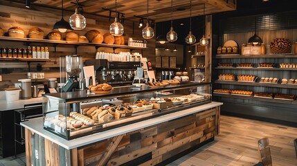 high-end bakery caf?(C) featuring a display counter with an integrated cooling system for pastries