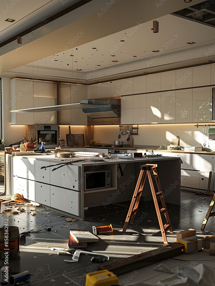 Poster a modern kitchen under renovation, with new cabinets being installed and countertops in progress. to