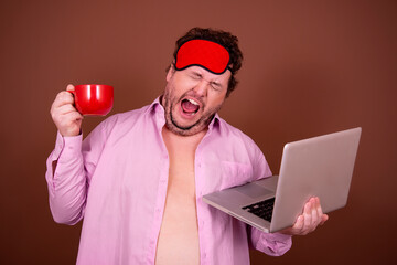 Early morning fresh gossip. Funny fat man drinking coffee. Brown background.