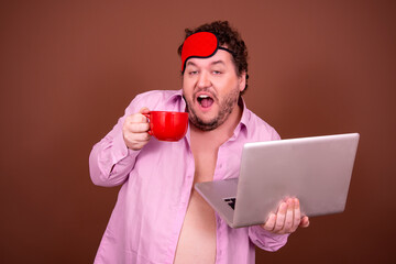Early morning fresh gossip. Funny fat man drinking coffee. Brown background.