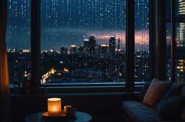 city at night, rain view from window	at night