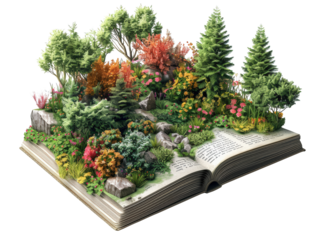 An open book with a lush green forest growing from its pages. The book symbolizes the power of imagination and the potential for growth found within stories.
