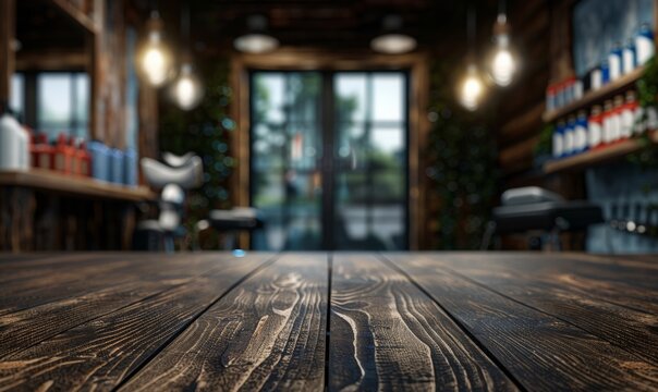 Empty old wooden surface on a blurred background of the barbershop. blank table on the background of a salon interior. Mock-up of a showcase for demonstrating products cosmetic. Copy space