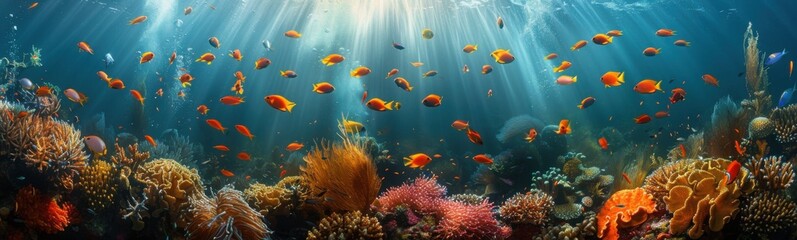 Fototapeta premium Many fish swimming in the ocean together, sea life background