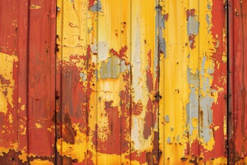 Rusty corrugated metal wall with peeling paint, showing multiple layers of yellow, red and grey paint. Perfect for backgrounds