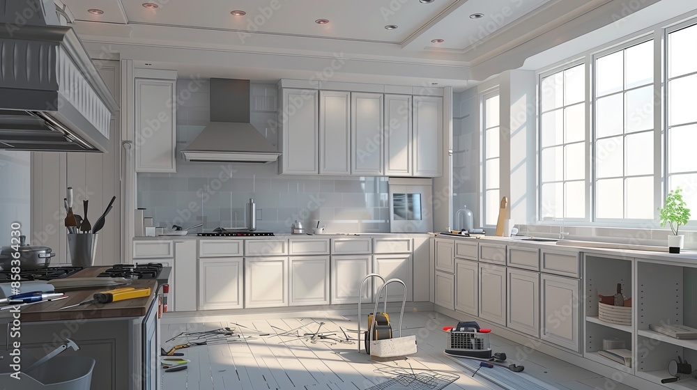 Poster modern kitchen under renovation with new white cabinets and unfinished countertop. tools and debris 