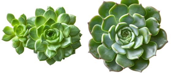 Closeup of two succulent plants with green leaves.