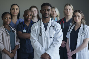 Fototapeta premium A portrait of a diverse healthcare team including nursing students, medical students, and junior doctors