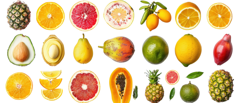 Collection of colorful fruits isolated on black background.