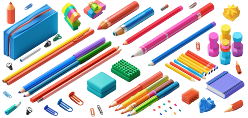 Colorful pencils, crayons, and erasers scattered on a desk.