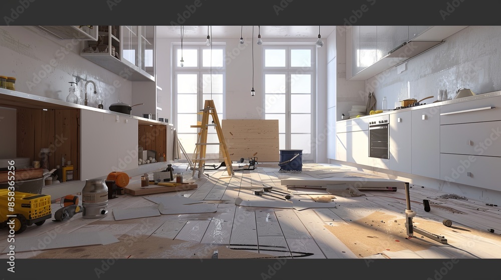 Poster Modern kitchen getting a chic upgrade with new cabinets and countertops being installed. Tools scattered around show transition from old to new in renovation. Generative AI