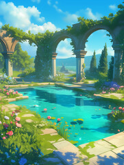 Serene Animated Landscape with a Sparkling Pool Reflecting Nature's Beauty - 自然の美しさを映す輝くプールを備えた穏やかなアニメーション風景