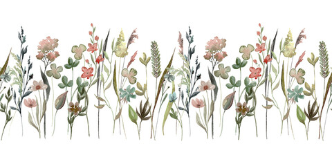 Wildflowers seamless border watercolor isolated illustration with thin spikelets and twigs. Hand painted red and green meadow wild flower floral edge with for invitation and card template.