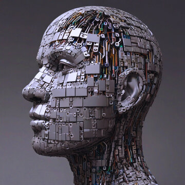 humanoid head with vibrant neon light spiral- network, futurist, artificial intelligence concept