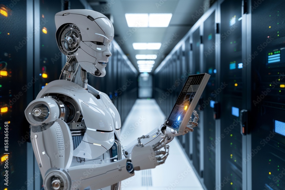 Poster humanoid robot inspecting data in server room
